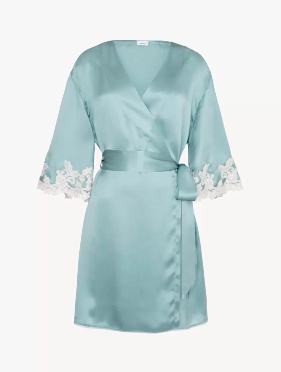 Robes | Silk Sleepwear-La Perla Almond Silk Short Robe With Frastaglio Green