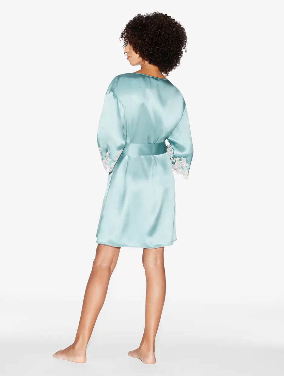 almond_silk_short_robe_with_frastaglio_11571.webp Robes | Silk Sleepwear-La Perla Almond Silk Short Robe With Frastaglio Green