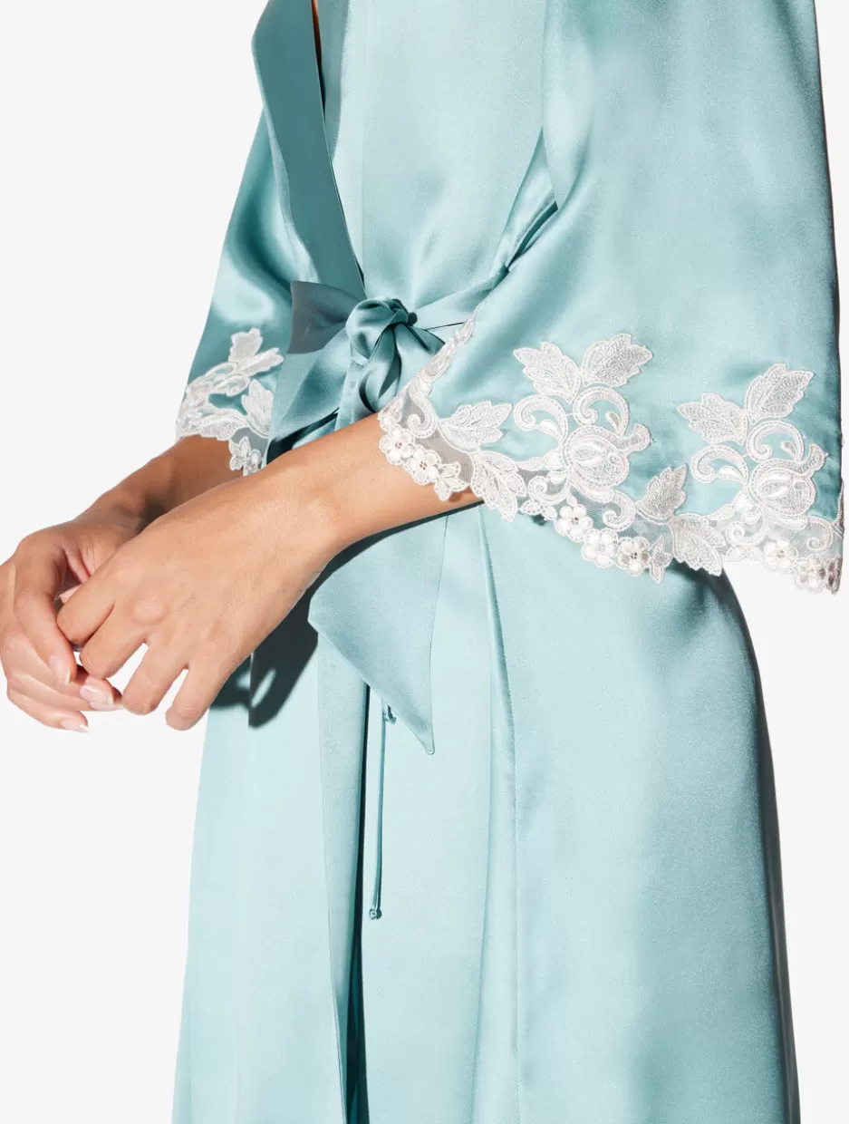almond_silk_short_robe_with_frastaglio_11573.webp Robes | Silk Sleepwear-La Perla Almond Silk Short Robe With Frastaglio Green