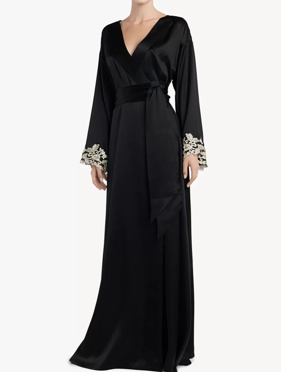 Robes | Silk Sleepwear-La Perla Long Silk Robe With Frastaglio Black