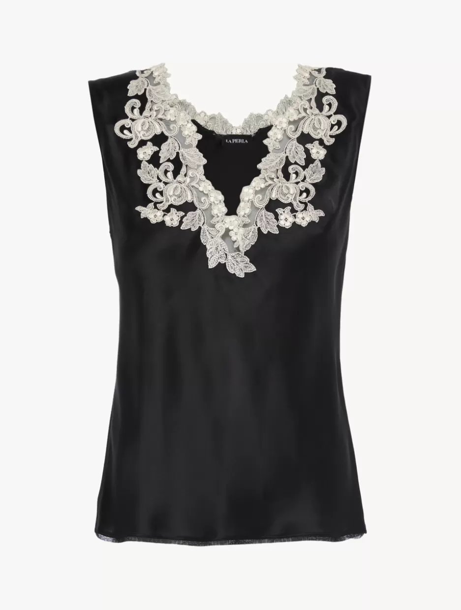 Camisoles | Pajamas-La Perla Silk Satin Top With Frastaglio Black