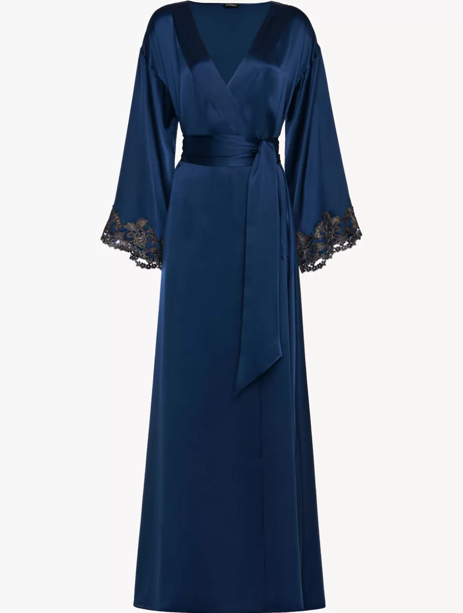 Robes | Silk Sleepwear-La Perla Blue Long Silk Robe With Frastaglio DarkBlue
