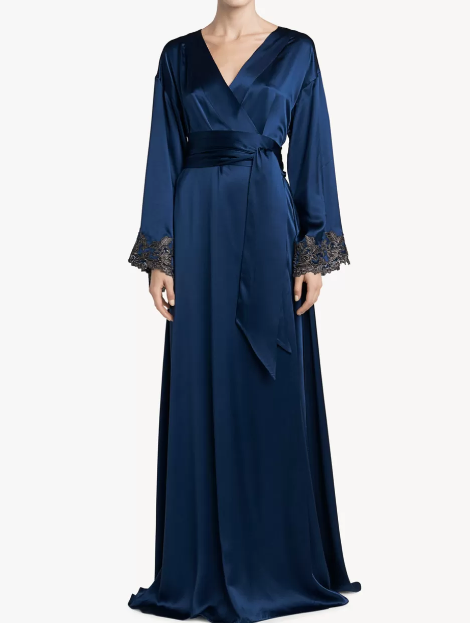 Robes | Silk Sleepwear-La Perla Blue Long Silk Robe With Frastaglio DarkBlue