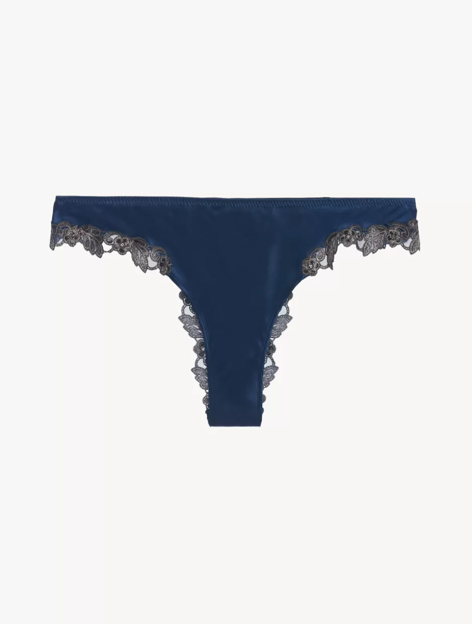 Brazilian-La Perla Blue Silk Brazilian Briefs With Frastaglio DarkBlue