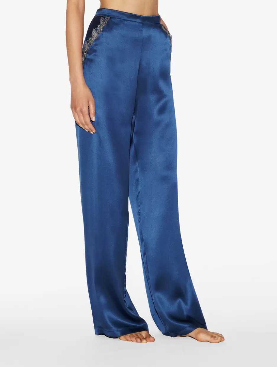 Pajamas | Silk Sleepwear-La Perla Blue Silk Long Pajamas With Frastaglio DarkBlue