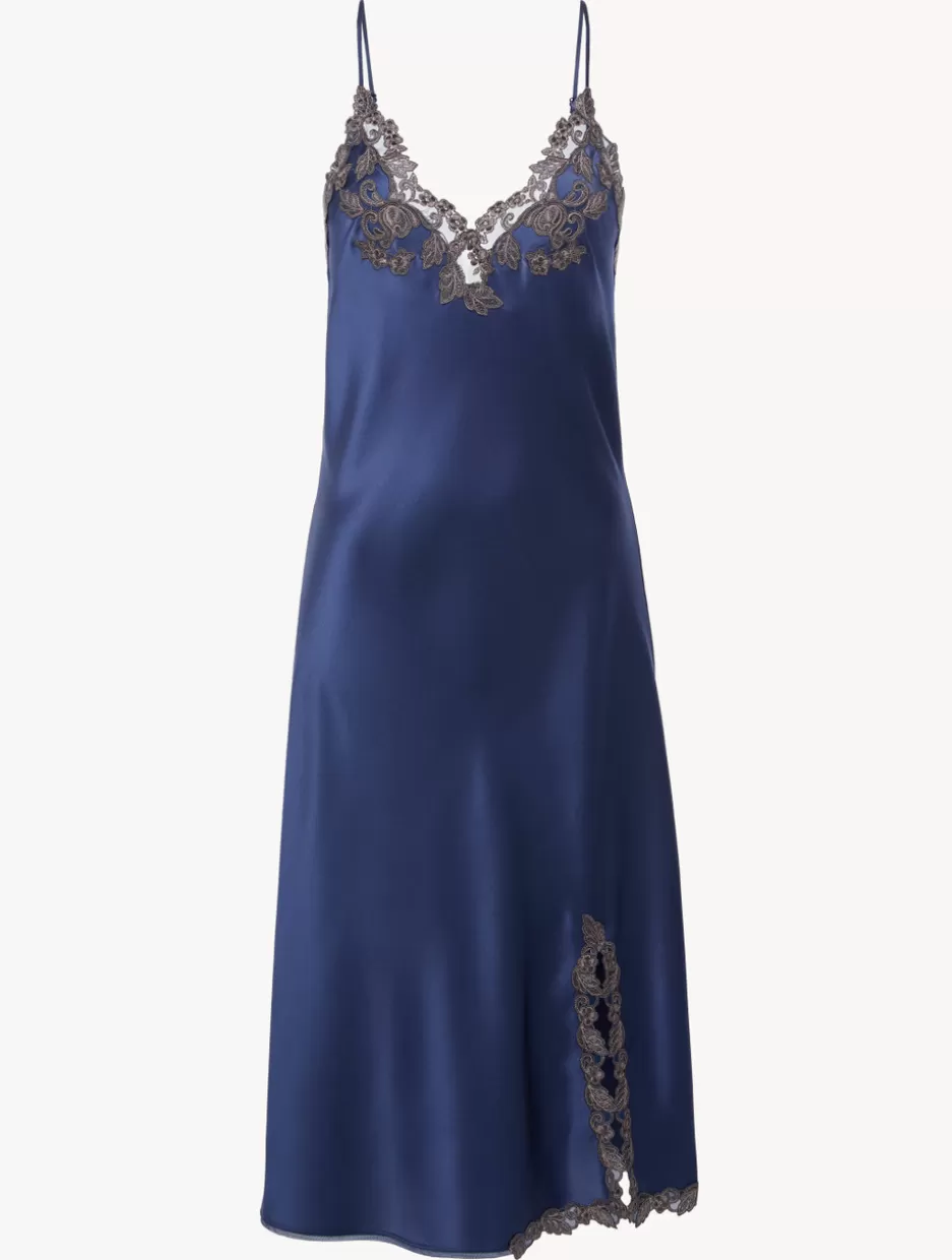 Pajamas | Slips & Dresses-La Perla Blue Silk Satin Short Nightgown With Frastaglio DarkBlue