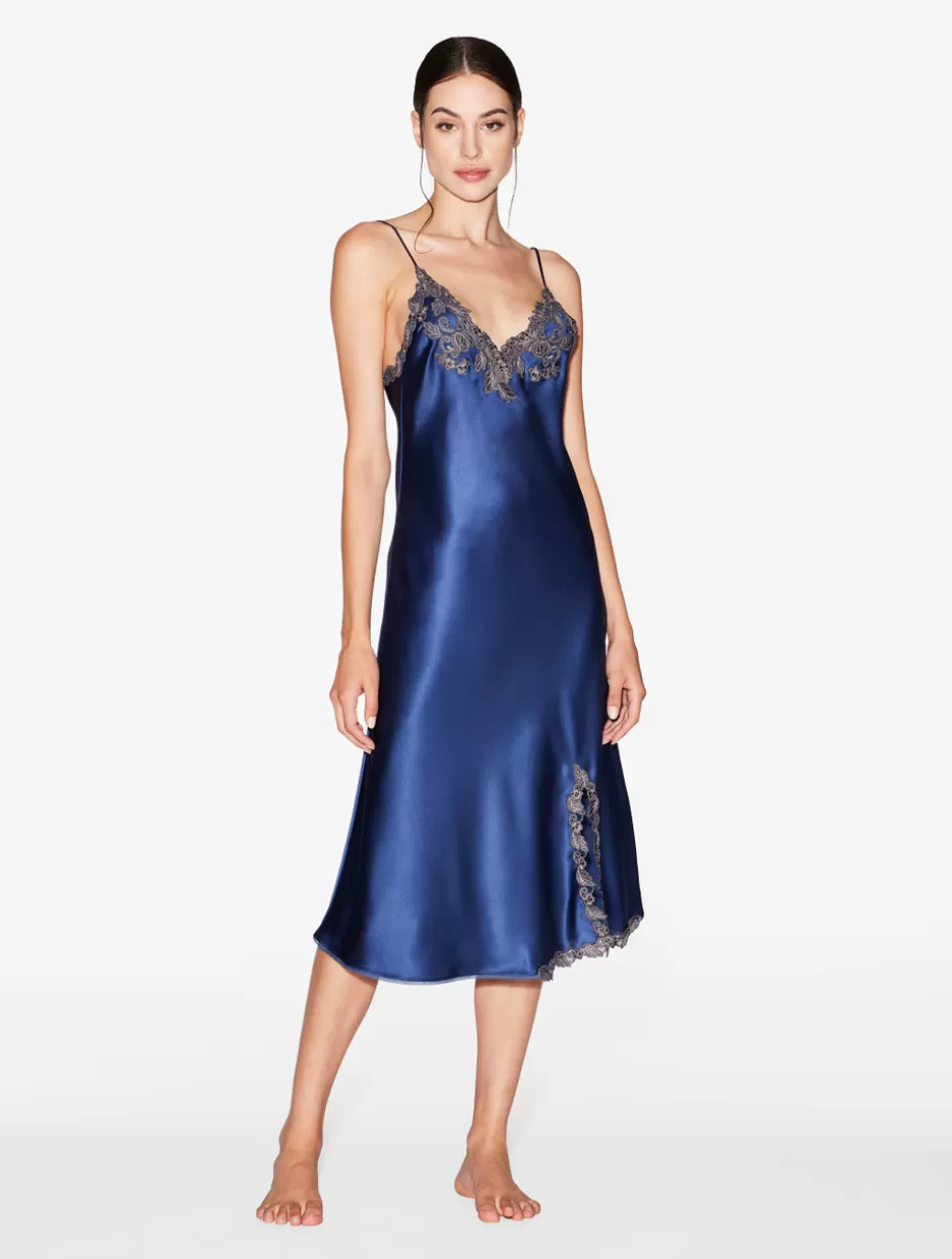 Pajamas | Slips & Dresses-La Perla Blue Silk Satin Short Nightgown With Frastaglio DarkBlue