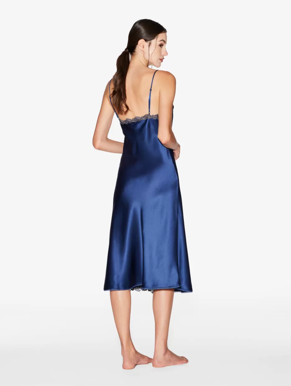 blue_silk_satin_short_nightgown_with_frastaglio_11130.webp Pajamas | Slips & Dresses-La Perla Blue Silk Satin Short Nightgown With Frastaglio DarkBlue