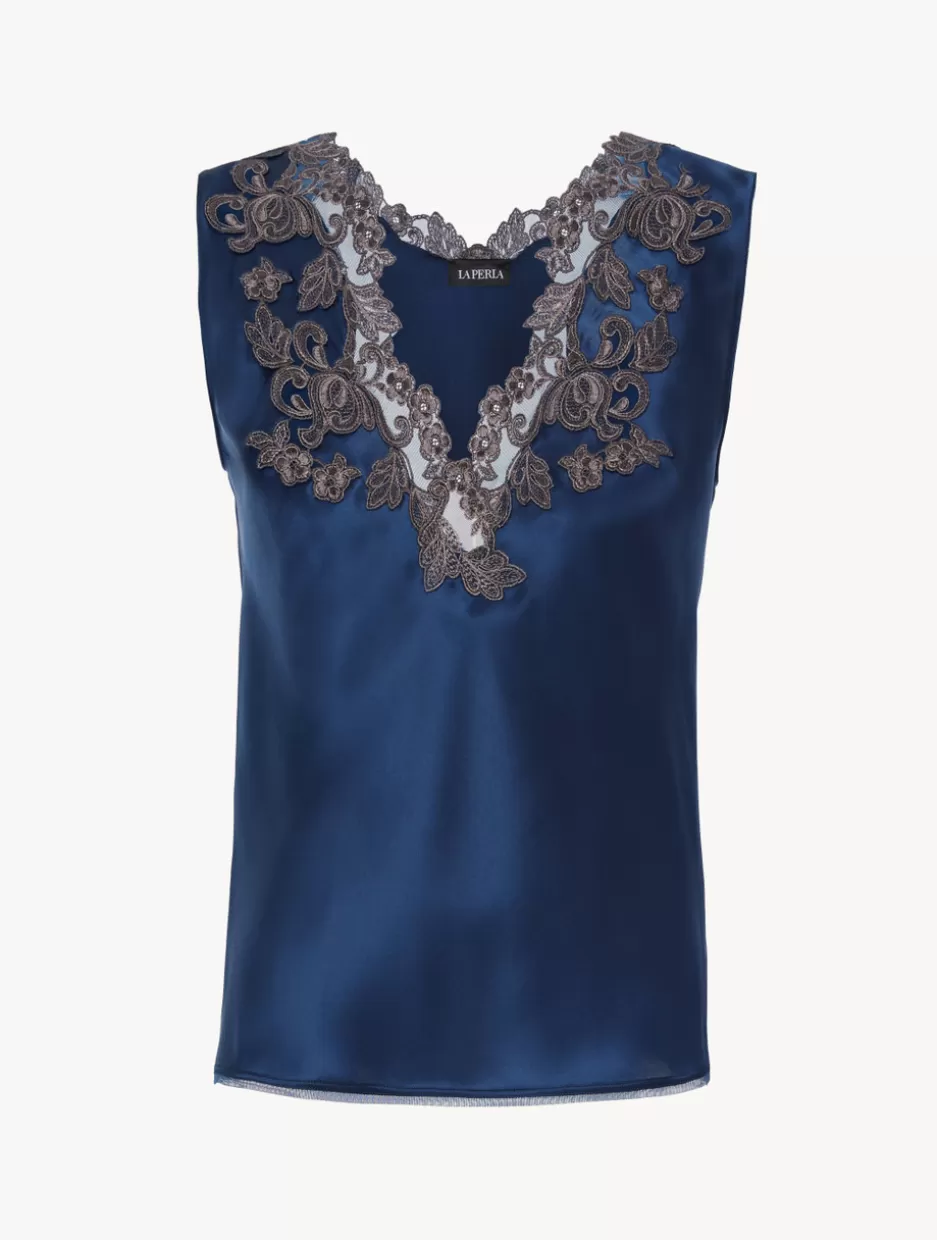 Camisoles | Pajamas-La Perla Blue Silk Satin Top With Frastaglio DarkBlue