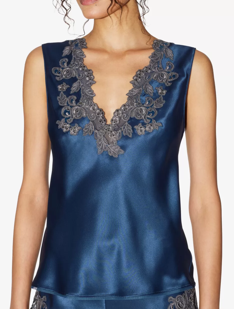 blue_silk_satin_top_with_frastaglio_10877.webp Camisoles | Pajamas-La Perla Blue Silk Satin Top With Frastaglio DarkBlue