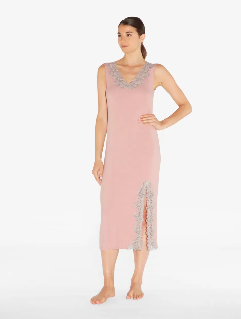 Pajamas | Slips & Dresses-La Perla Cashmere Blend Ribbed Long Nightgown In Blush Clay With Frastaglio Pink