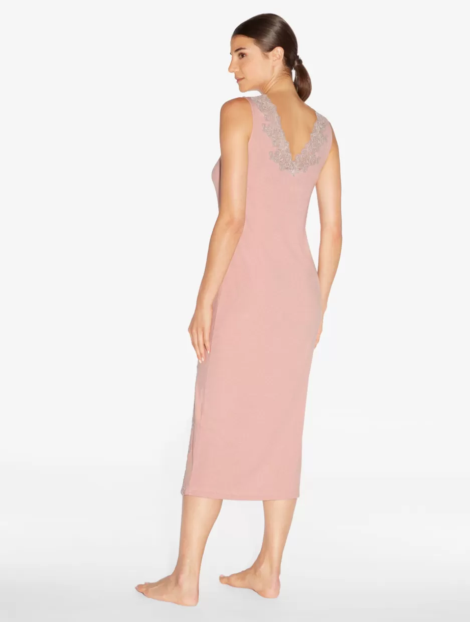 Pajamas | Slips & Dresses-La Perla Cashmere Blend Ribbed Long Nightgown In Blush Clay With Frastaglio Pink