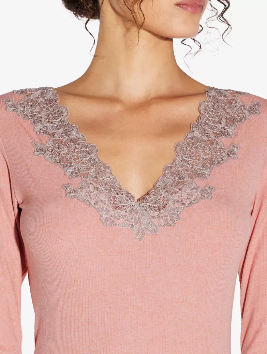 Pajamas | Loungewear-La Perla Cashmere Blend Ribbed Long-sleeved Top In Blush Clay With Frastaglio Pink