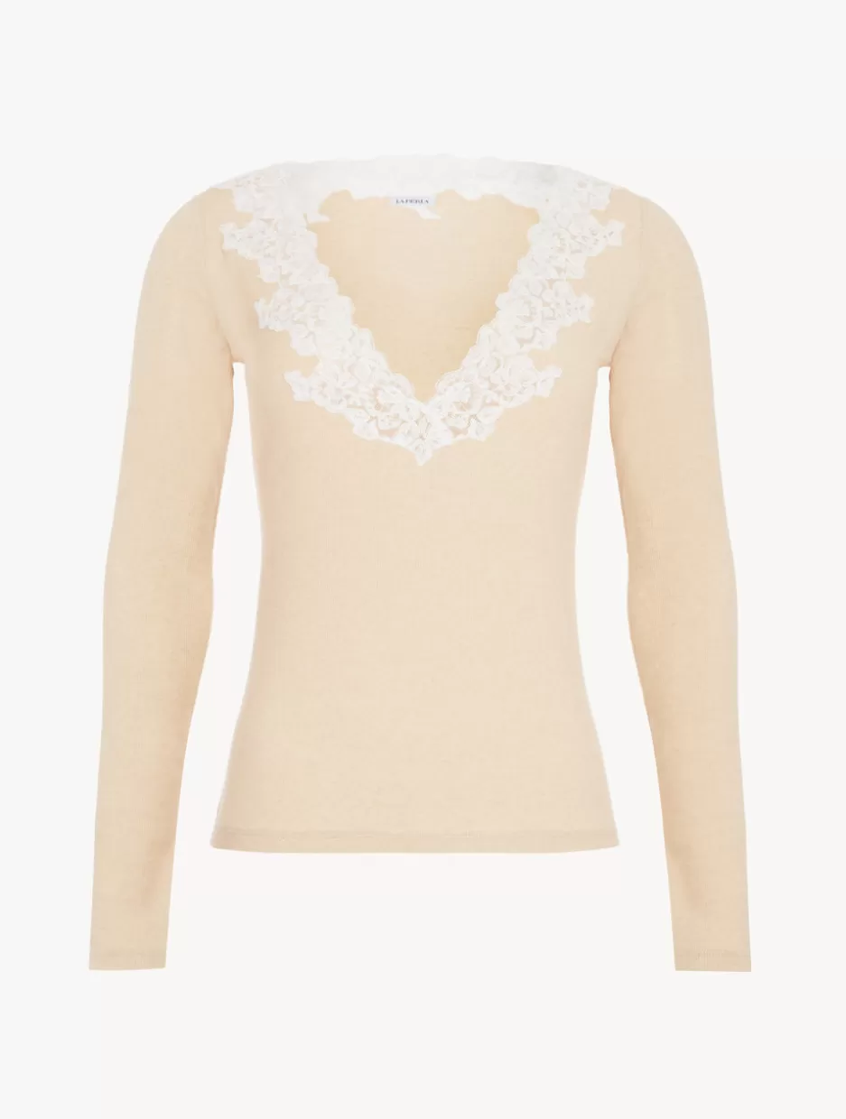 Camisoles | Pajamas-La Perla Cashmere Blend Ribbed Long-sleeved Top In Halo With Frastaglio Yellow