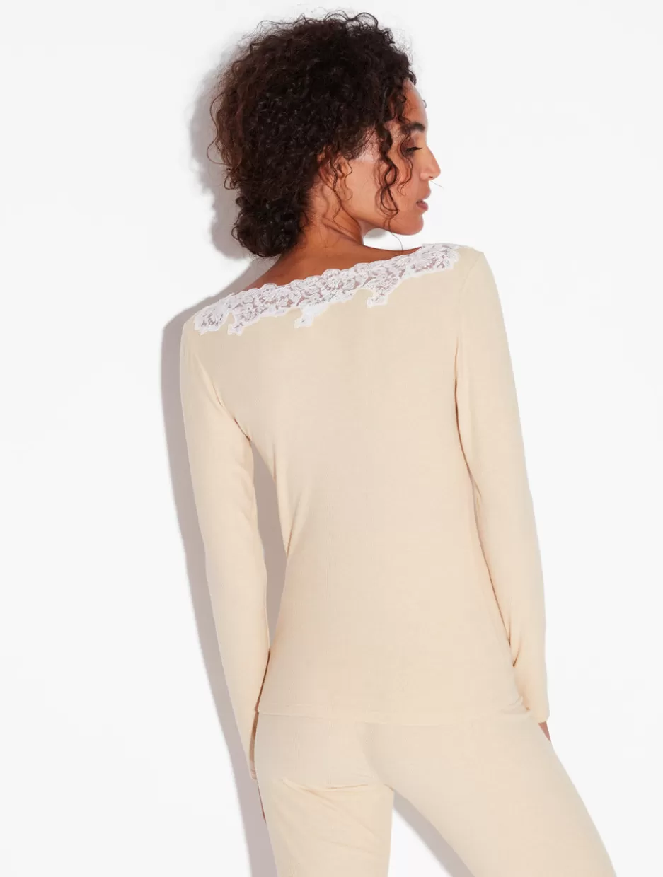 cashmere_blend_ribbed_longsleeved_top_in_halo_with_frastaglio_10889.webp Camisoles | Pajamas-La Perla Cashmere Blend Ribbed Long-sleeved Top In Halo With Frastaglio Yellow