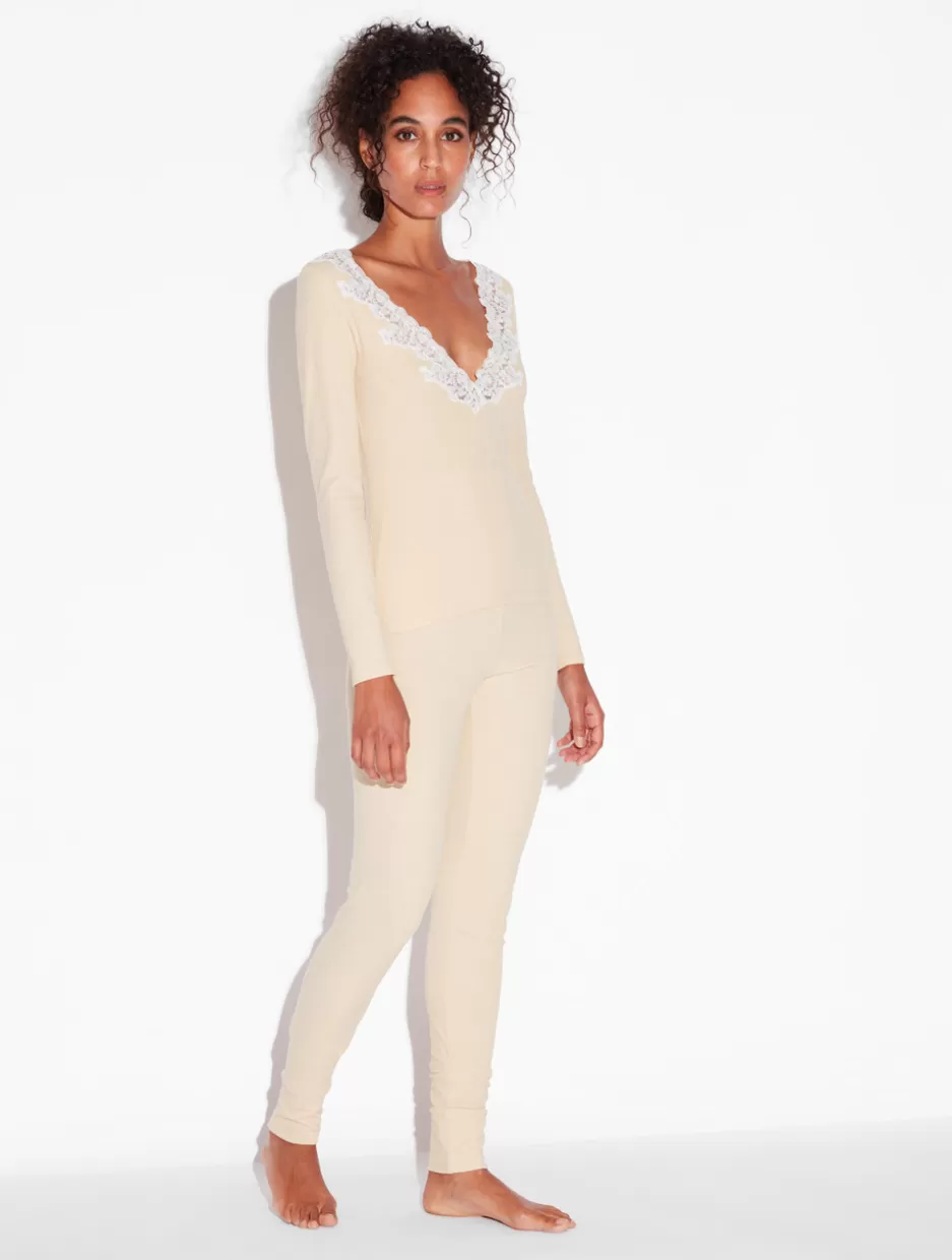 cashmere_blend_ribbed_longsleeved_top_in_halo_with_frastaglio_10890.webp Camisoles | Pajamas-La Perla Cashmere Blend Ribbed Long-sleeved Top In Halo With Frastaglio Yellow