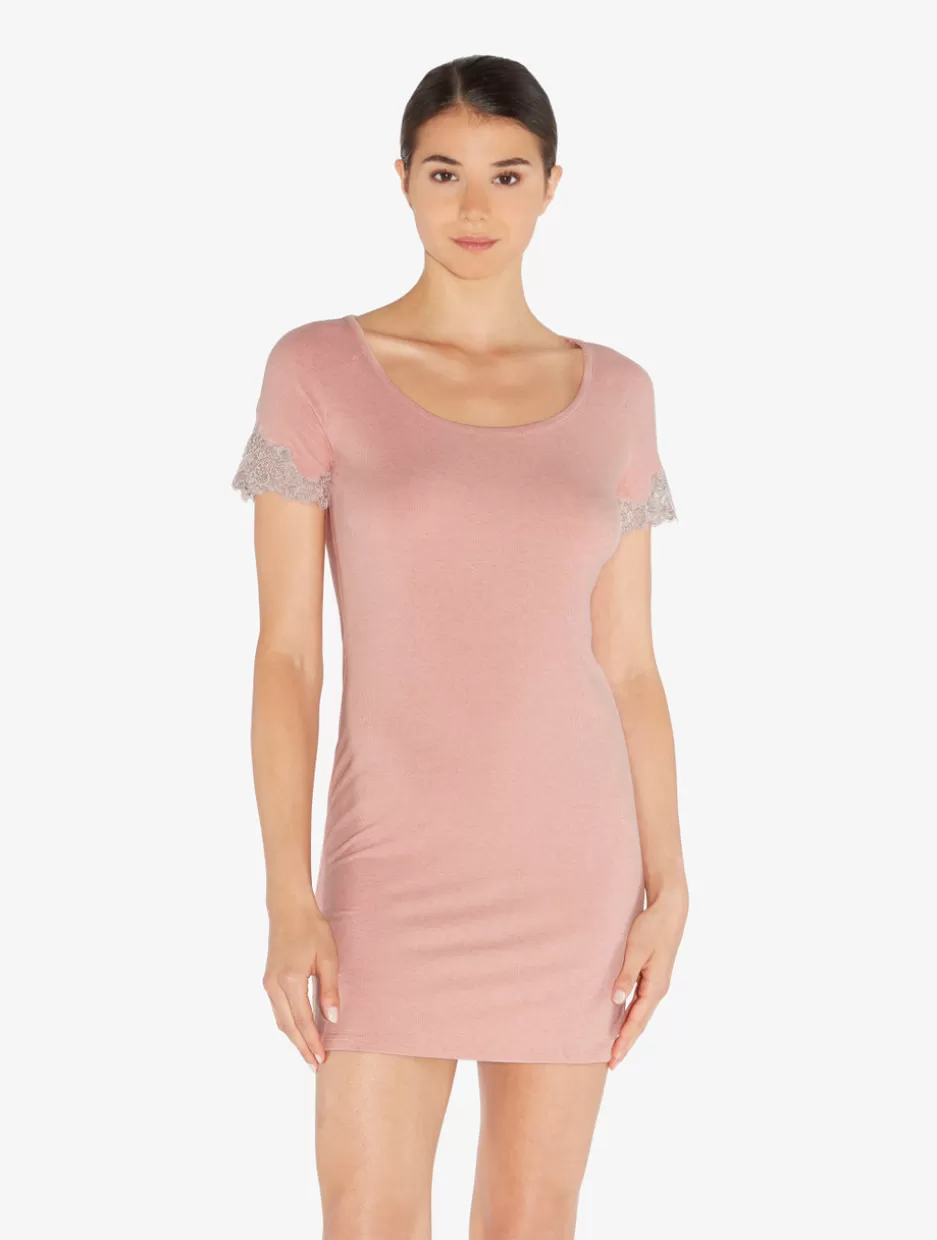 Pajamas | Slips & Dresses-La Perla Cashmere Blend Ribbed Short Nightgown In Blush Clay With Frastaglio Pink