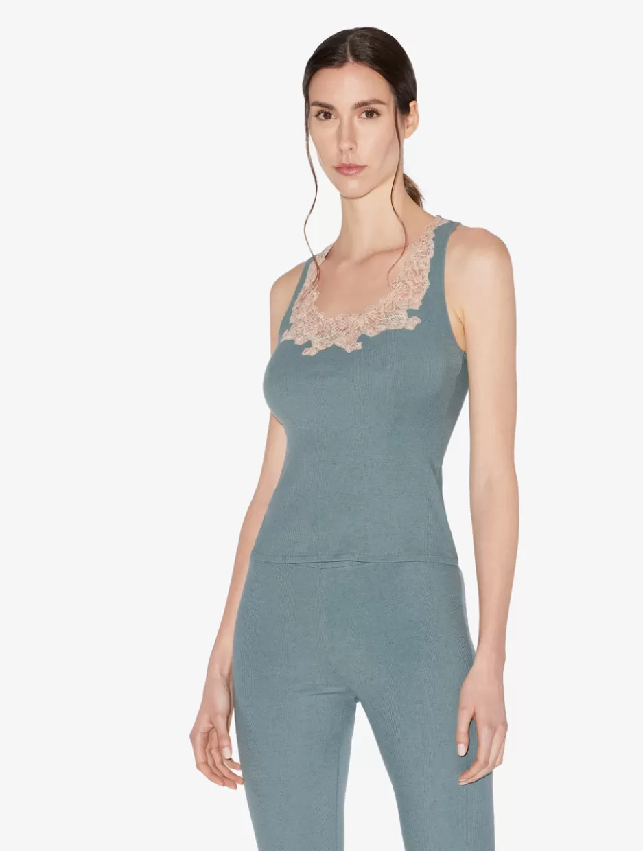 Camisoles | Pajamas-La Perla Cashmere Blend Ribbed Tank Top In Sleepy Dream With Frastaglio Blue