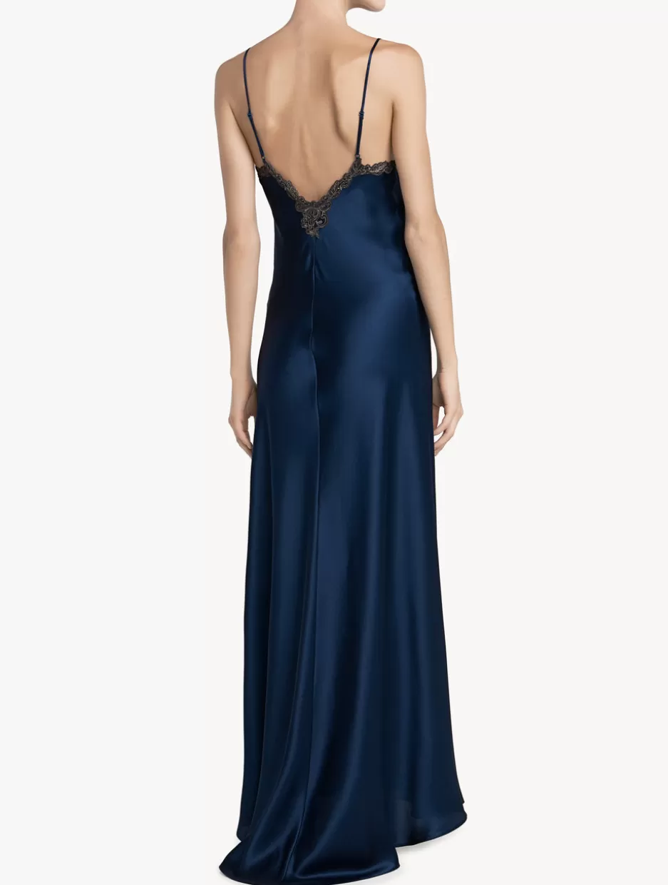 Slips & Dresses | Silk Sleepwear-La Perla Long Blue Nightgown With Frastaglio DarkBlue