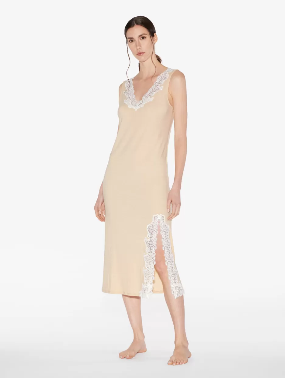 Pajamas | Loungewear-La Perla Long Cashmere Blend Ribbed Nightgown In Halo With Frastaglio Yellow