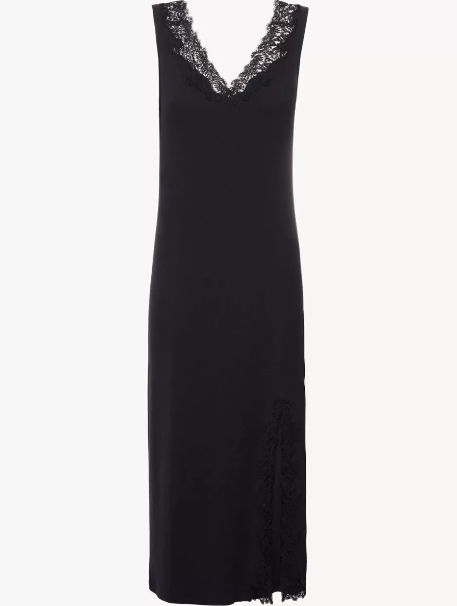 Pajamas | Slips & Dresses-La Perla Long Cashmere Blend Ribbed Nightgown In Onyx With Frastaglio Black
