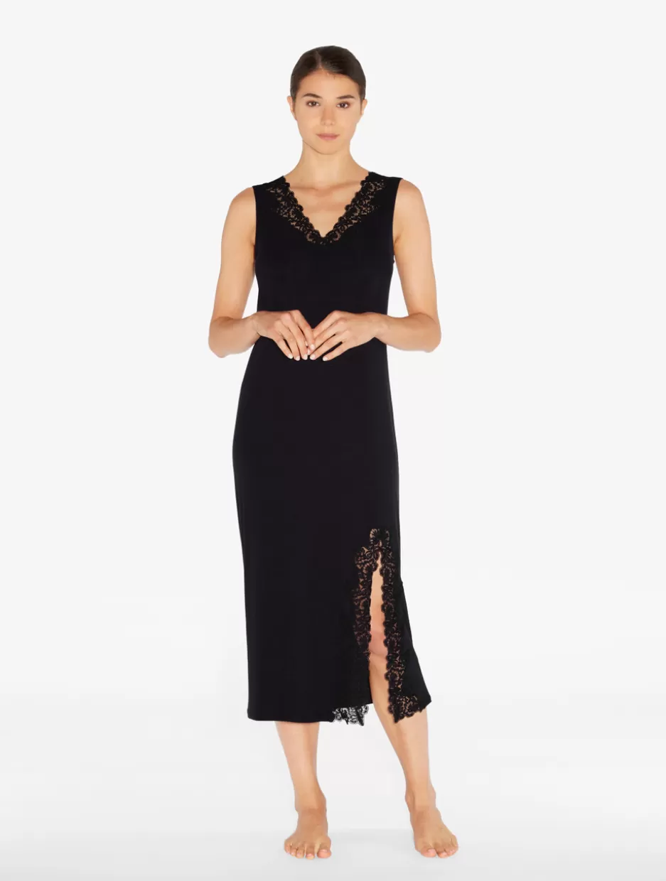 Pajamas | Slips & Dresses-La Perla Long Cashmere Blend Ribbed Nightgown In Onyx With Frastaglio Black