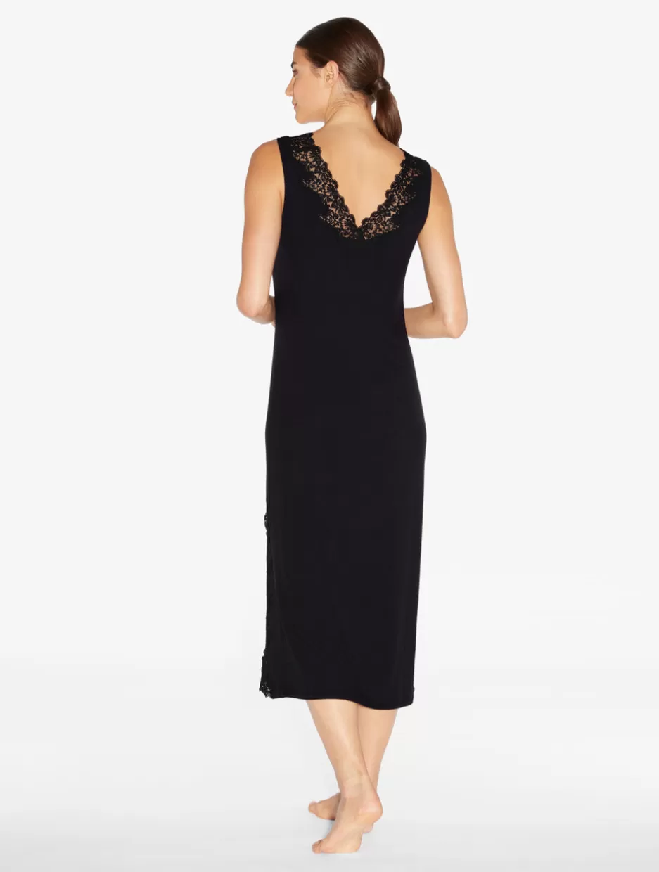 Pajamas | Slips & Dresses-La Perla Long Cashmere Blend Ribbed Nightgown In Onyx With Frastaglio Black