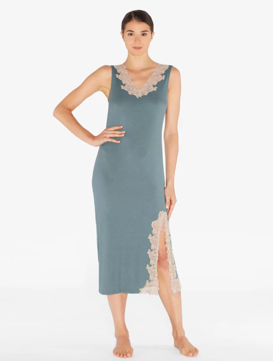 Pajamas | Slips & Dresses-La Perla Long Cashmere Blend Ribbed Nightgown In Sleepy Dream With Frastaglio Blue