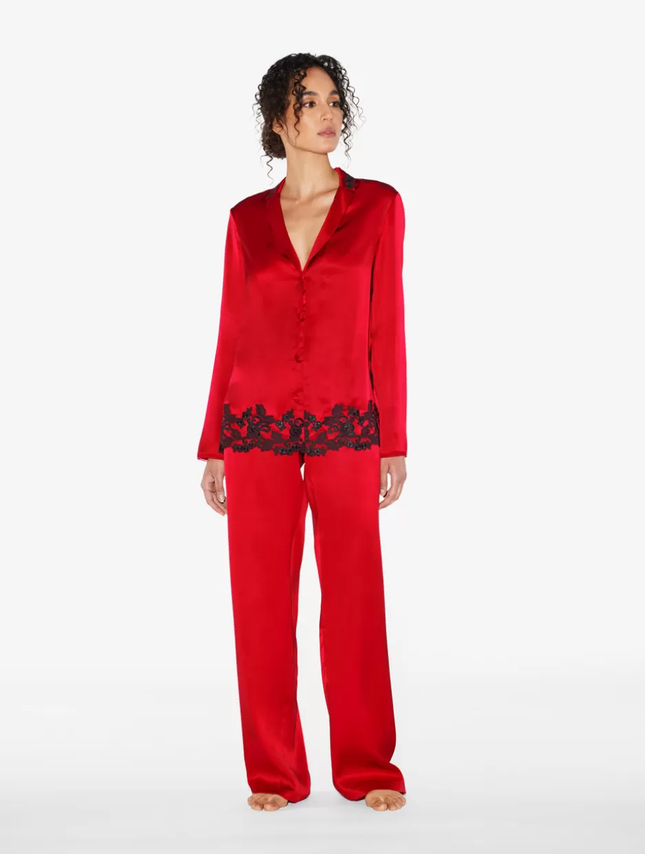 Pajamas | Silk Sleepwear-La Perla Silk Long Pajamas With Frastaglio Red