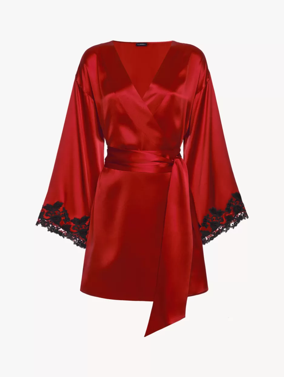 Robes | Silk Sleepwear-La Perla Silk Satin Short Robe With Frastaglio Red