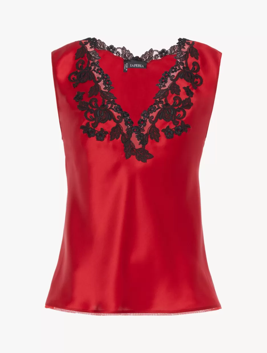 Camisoles | Pajamas-La Perla Silk Satin Top With Frastaglio Red