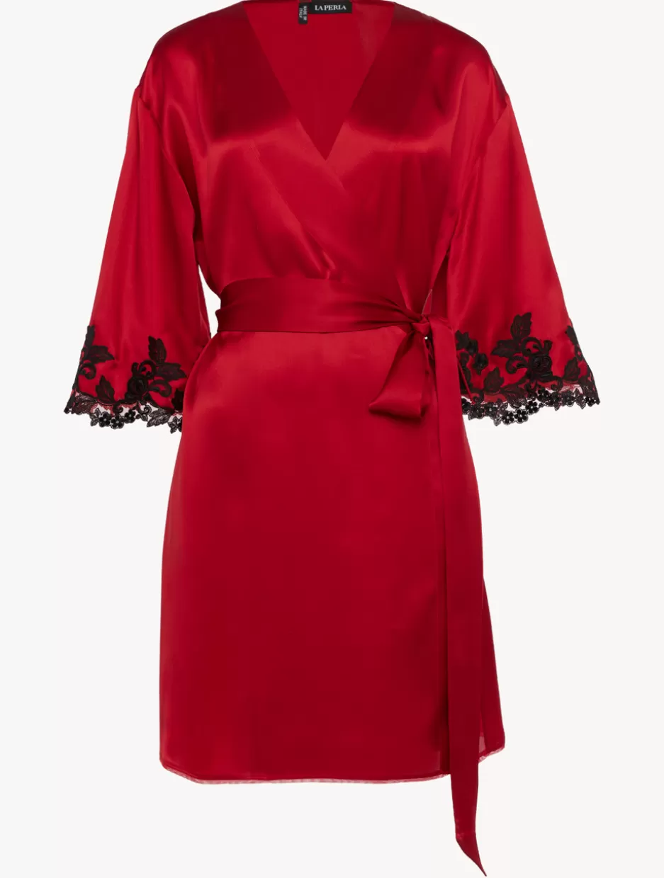 Robes | Silk Sleepwear-La Perla Silk Short Robe With Black Frastaglio Red