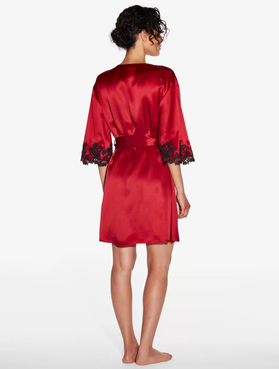 Robes | Silk Sleepwear-La Perla Silk Short Robe With Black Frastaglio Red