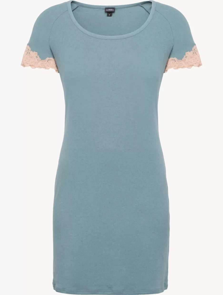 Pajamas | Slips & Dresses-La Perla Short Cashmere Blend Ribbed Nightgown In Sleepy Dream With Frastaglio Blue