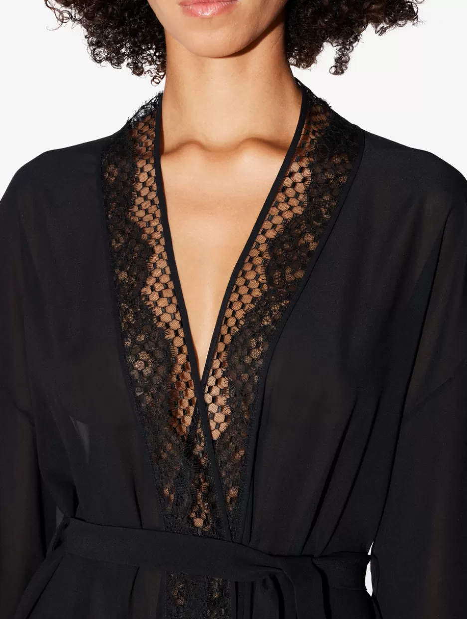 short_silk_robe_with_leavers_lace_11547.webp Robes | Silk Sleepwear-La Perla Short Silk Robe With Leavers Lace Black