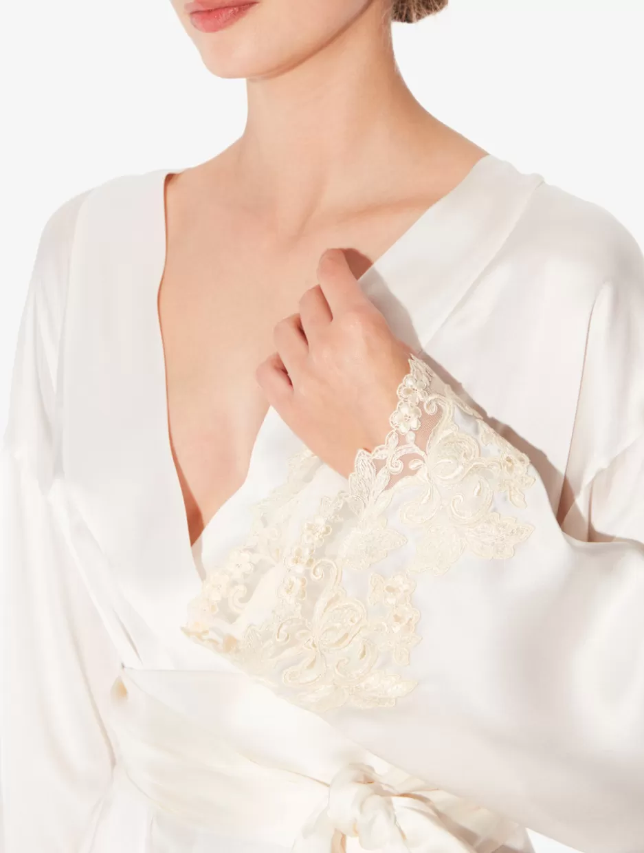 Robes | Silk Sleepwear-La Perla Long Silk Robe With Ivory Frastaglio White