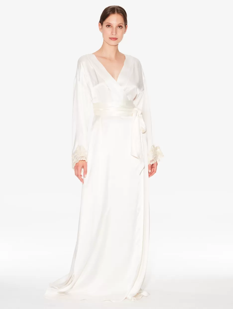 Robes | Silk Sleepwear-La Perla Long Silk Robe With Ivory Frastaglio White
