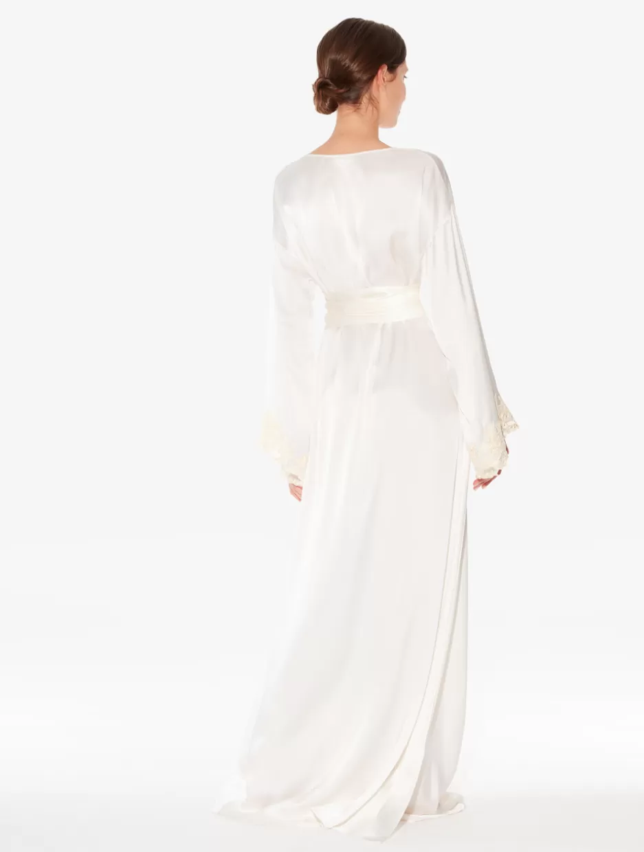 Robes | Silk Sleepwear-La Perla Long Silk Robe With Ivory Frastaglio White
