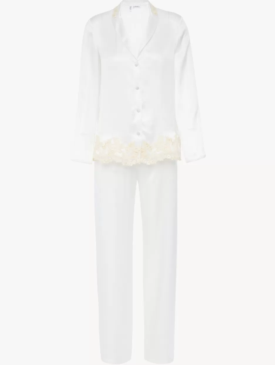 Pajamas | Silk Sleepwear-La Perla Silk Long Pajamas With Frastaglio White