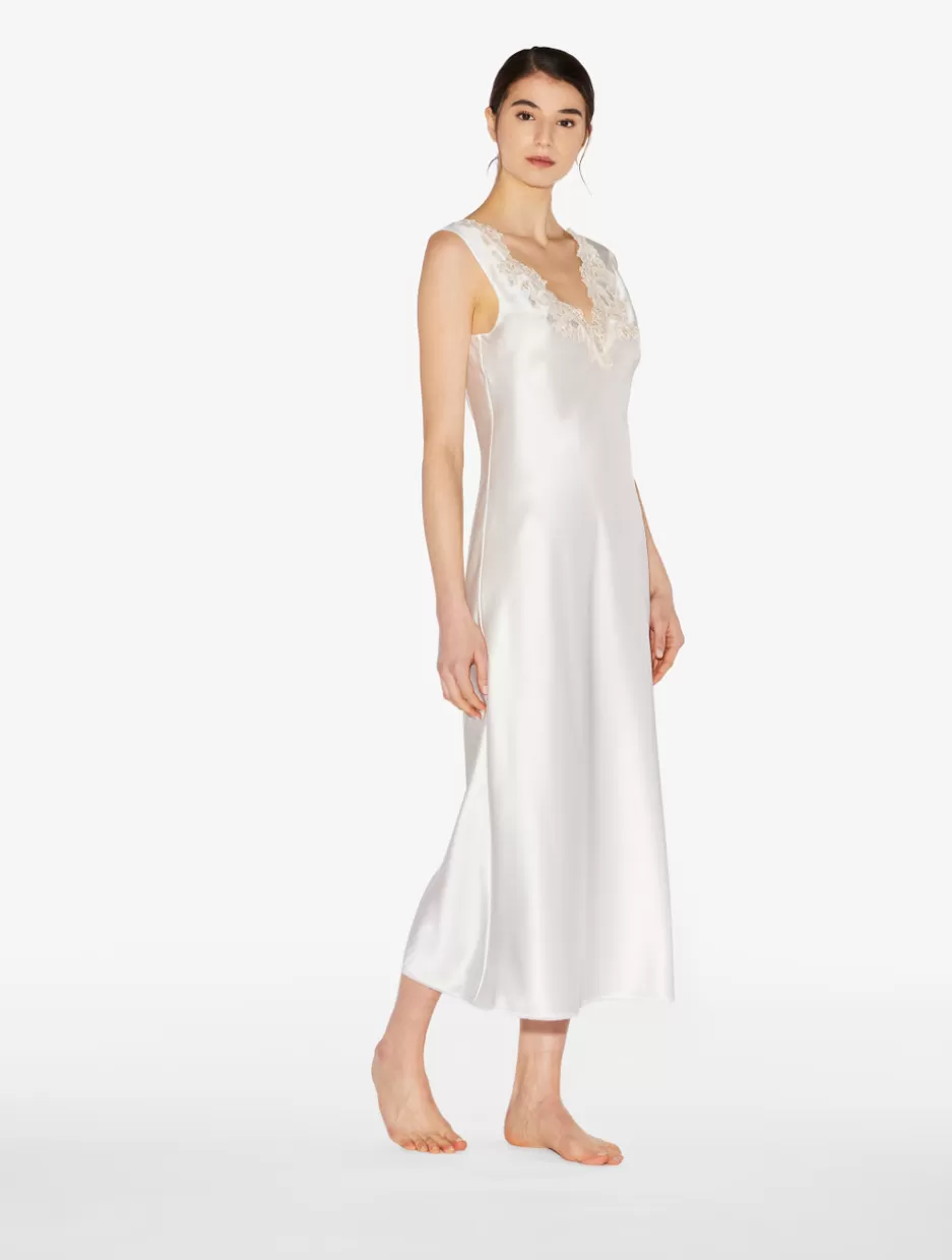 Slips & Dresses | Silk Sleepwear-La Perla Silk Satin Long Nightgown With Frastaglio White