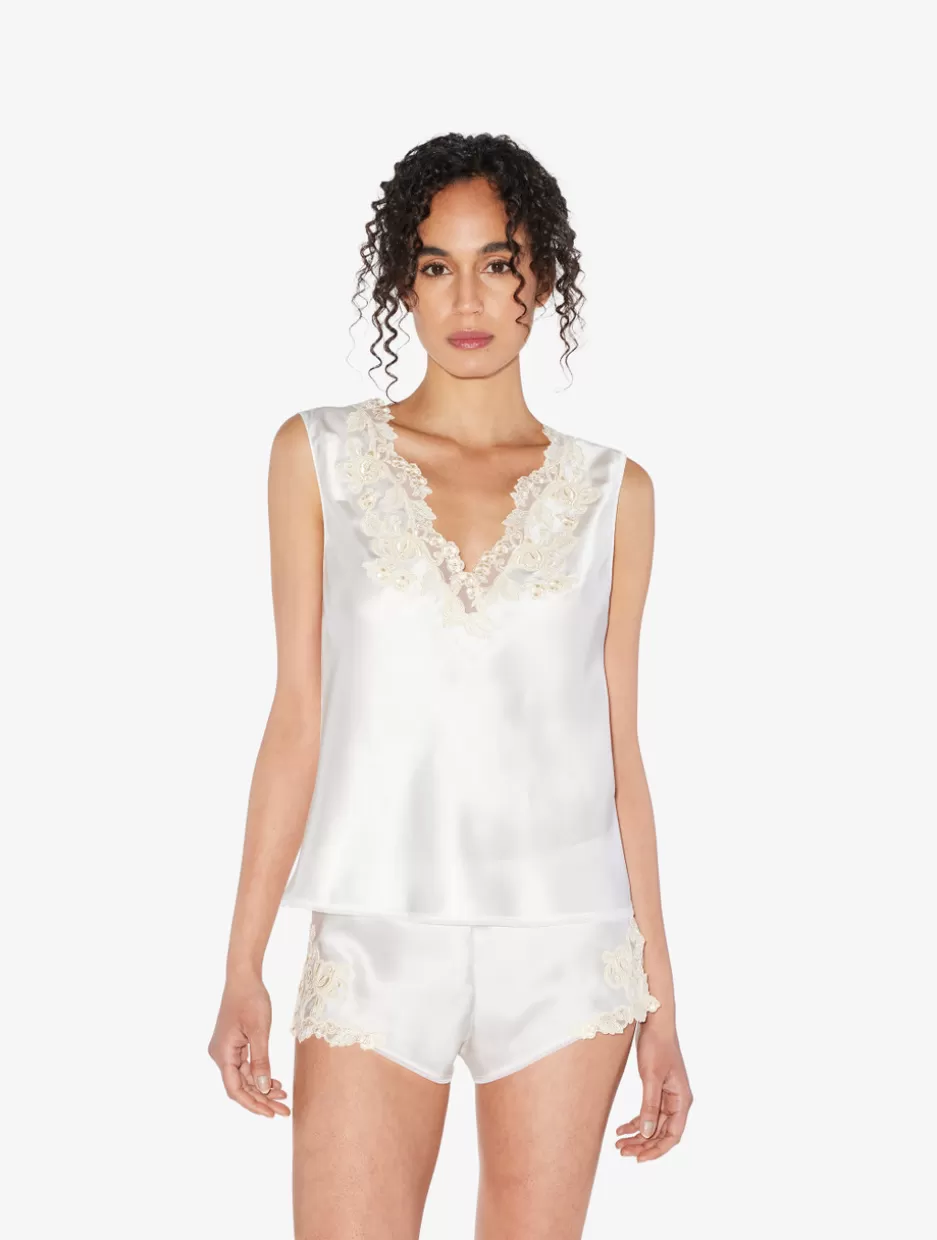 Camisoles | Pajamas-La Perla Silk Satin Top With Frastaglio White
